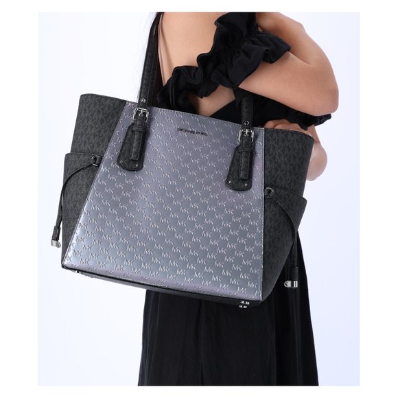 Michael Kors Voyager Travel Shoulder Tote Heather Grey Patent Leather Black MK - Picture 3 of 9